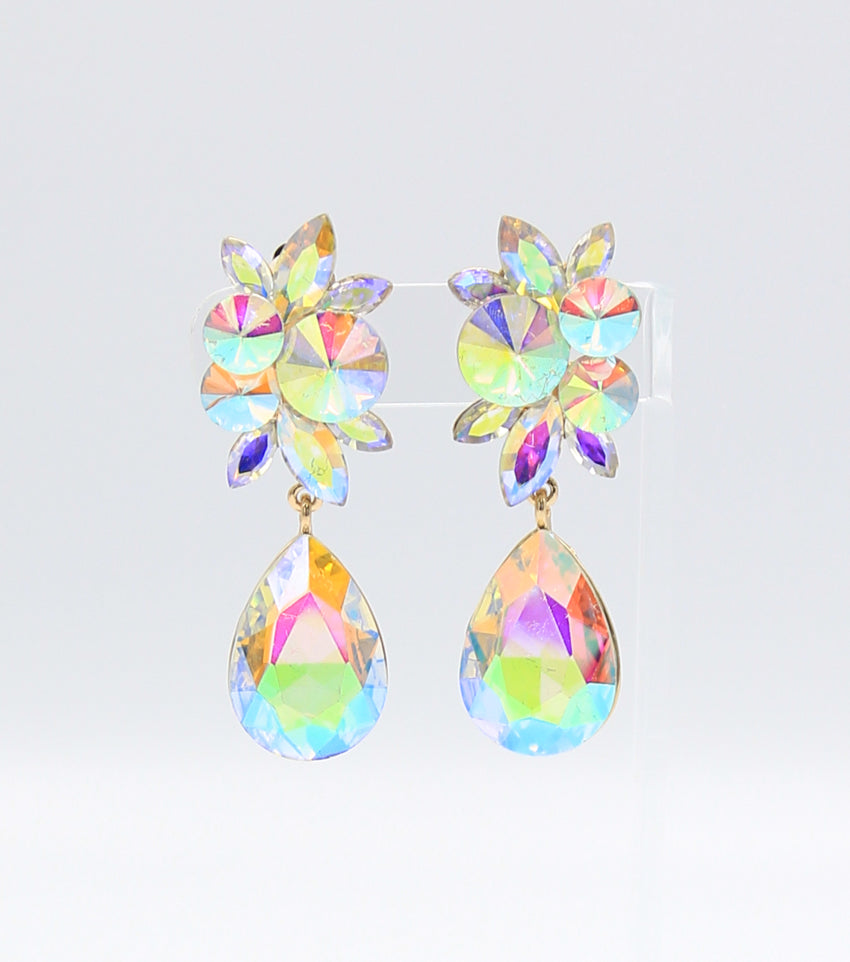 Floral AB Teardrop Earrings on Gold | Clip On | 289967