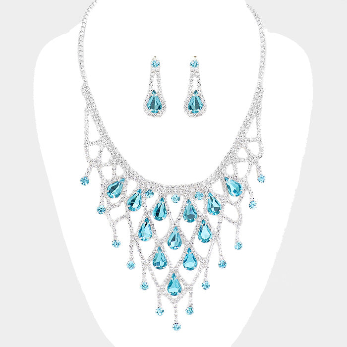 Aqua Crystal Rhinestone Teardrop Bib Necklace | 420990