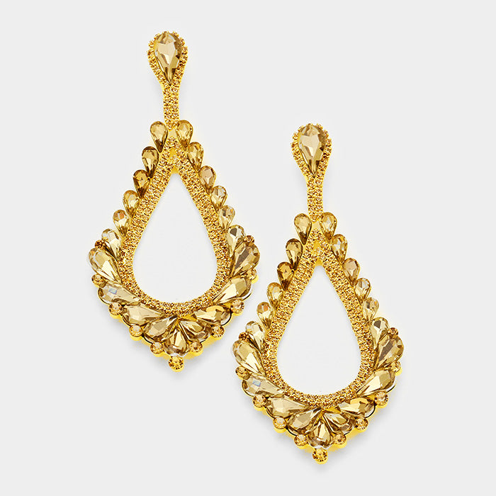 Oversized Cut Out Gold Crystal Teardrop Earrings | 368850