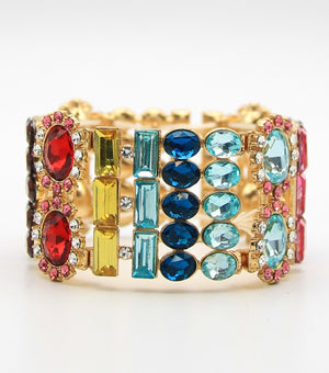 Wide Multi Stone Shape Multi Color Crystal Stretch Bracelet | JF4BFC8432MLTGD