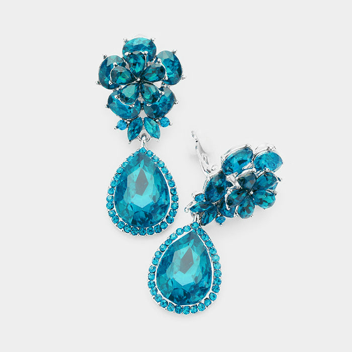 Small Teal Crystal Clip On Dangle Earrings | 415432