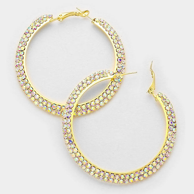 Two Row AB Crystal Hoop Earrings on Gold | 2.3" | 210547