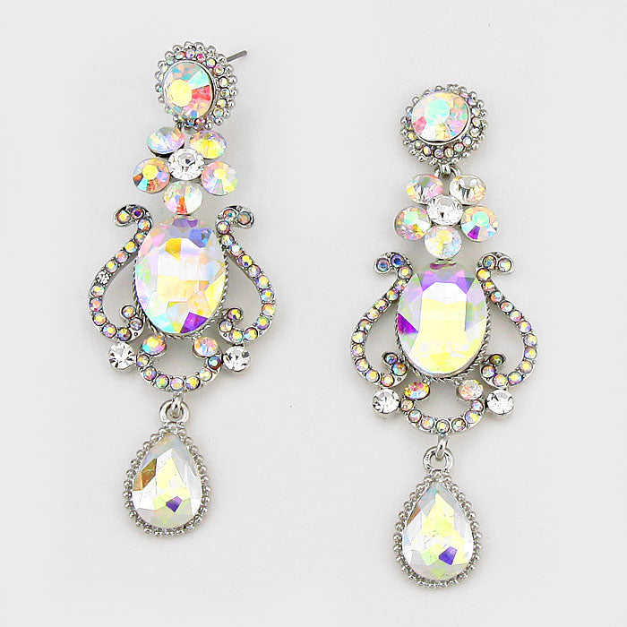 Floral Teardrop AB Crystal Chandelier Pageant Prom Earrings | 193390