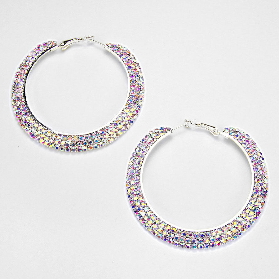 Three Row AB Crystal Rhinestone Hoop Earrings | 2.5"| 259595