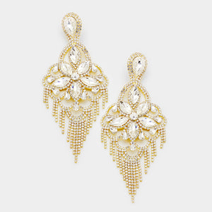 Very Large Light Weight Crystal Flower Fringe Earrings on Gold