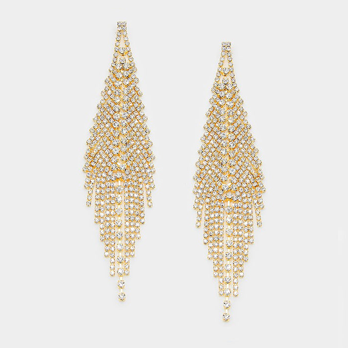Long Crystal Rhinestone Fringe Pageant Prom Earrings on Gold | 303214