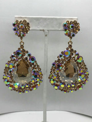 Large Gold Stoned Crystal Earrings on Silver | Gold Pageant Earrings | H202-7