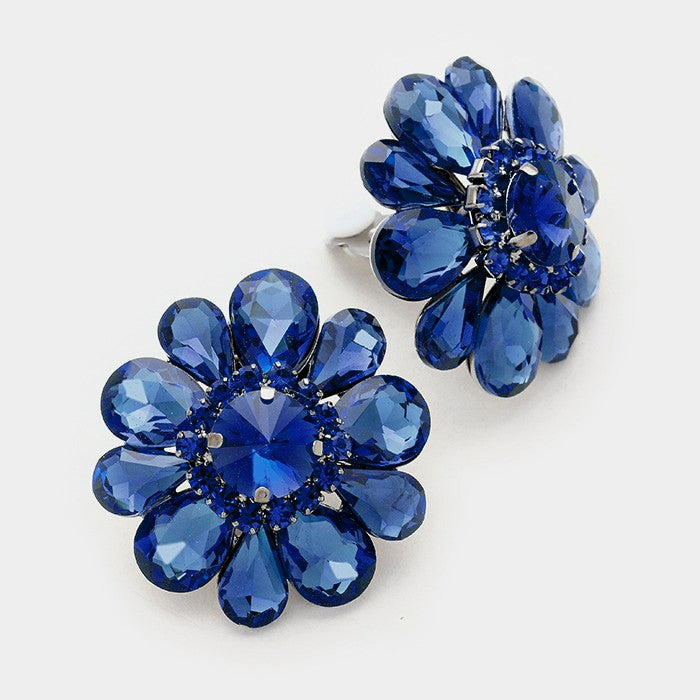 Large Navy Crystal Flower Clip On Earrings | 331545