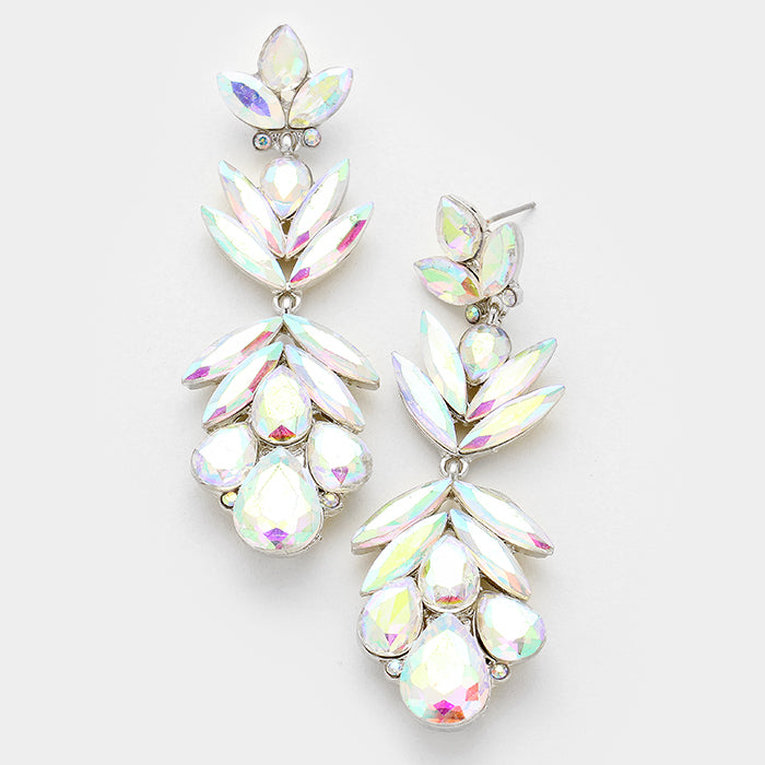 AB Crystal Earrings with Petal Shaped Features silver backed on a white background