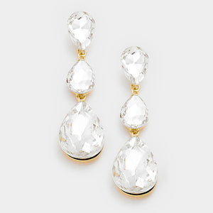 Crystal Triple Teardrop Earrings on Gold on a white background
