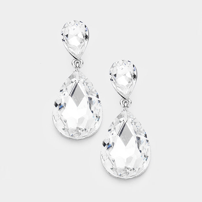Little Girls Double Crystal Teardrop Evening Earrings on Silver | 316345