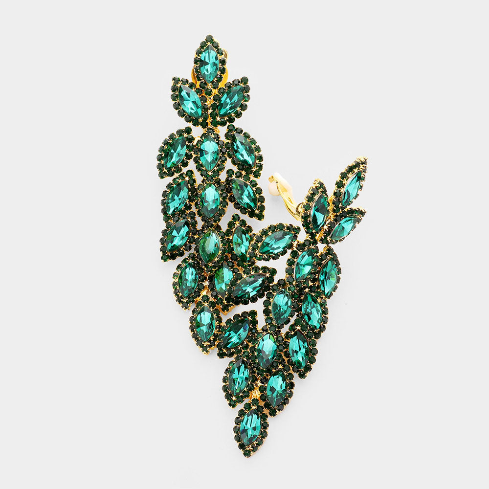 Large Emerald Crystal Leaf Clip On Earrings | 429962