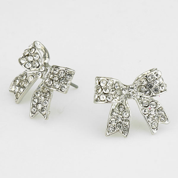 Crystal Clear on Silver Rhinestone Bow Stud Earrings | 124735