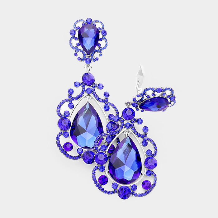Elegant Sapphire Crystal Chandelier Clip On Pageant Prom Earrings | 415106