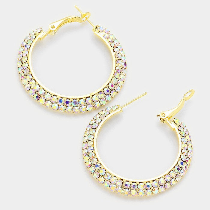 Two Row AB Crystal Hoop Earrings on Gold | 1.7" | 210545