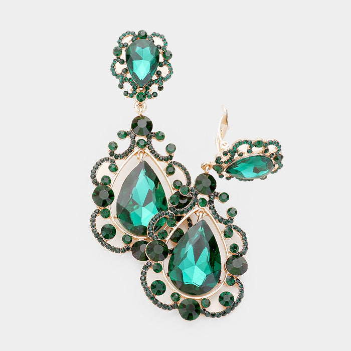 Elegant Emerald Crystal Chandelier Clip On Pageant Prom Earrings | 415103