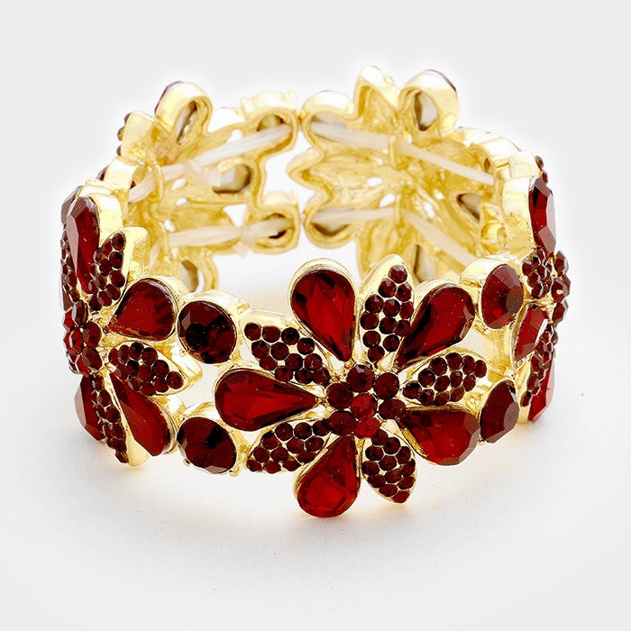 Dark Red Crystal Flower Stretch Bracelet | 322388