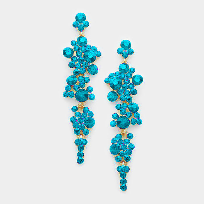 Teal Crystal Long Dangle Earrings on gold backing. Shown here on a white background. 