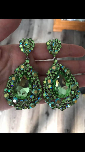 Large Green Peridot Crystal Earrings on Silver | Green Pageant Earrings | H202-7