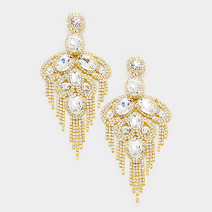 Long Crystal and Rhinestone Statement Earrings on Gold | 364514