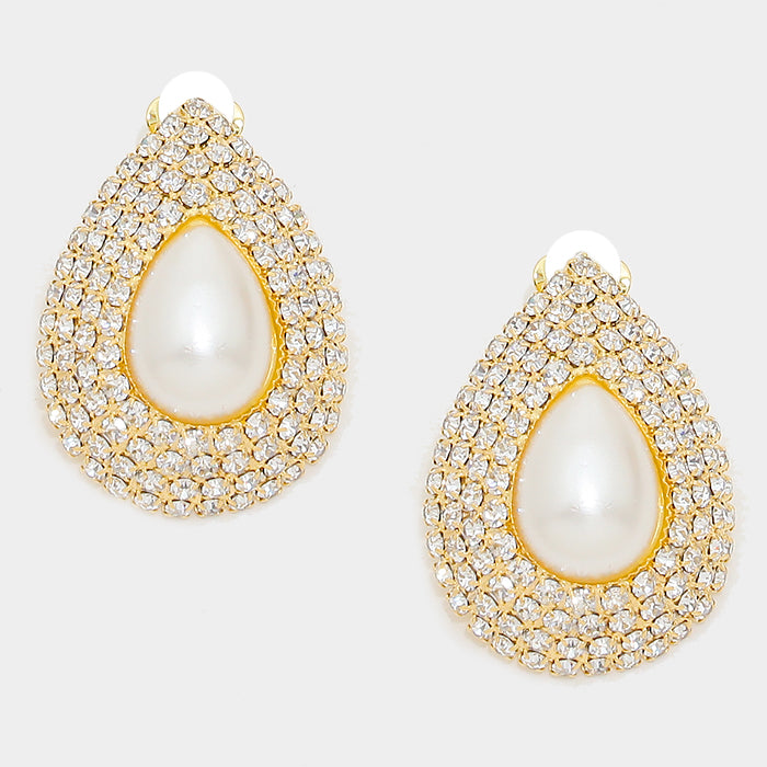 Bridal Earrings | Pearl Teardrop Earrings on Gold | Clip On | 308031