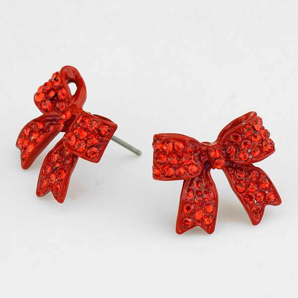 Red Crystal Rhinestone Bow Stud Earrings | 124738