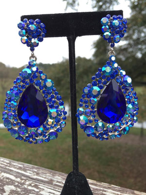 Sapphire Pageant Earrings with AB Stones | Royal Blue Chunky Pageant Earrings | H202-7
