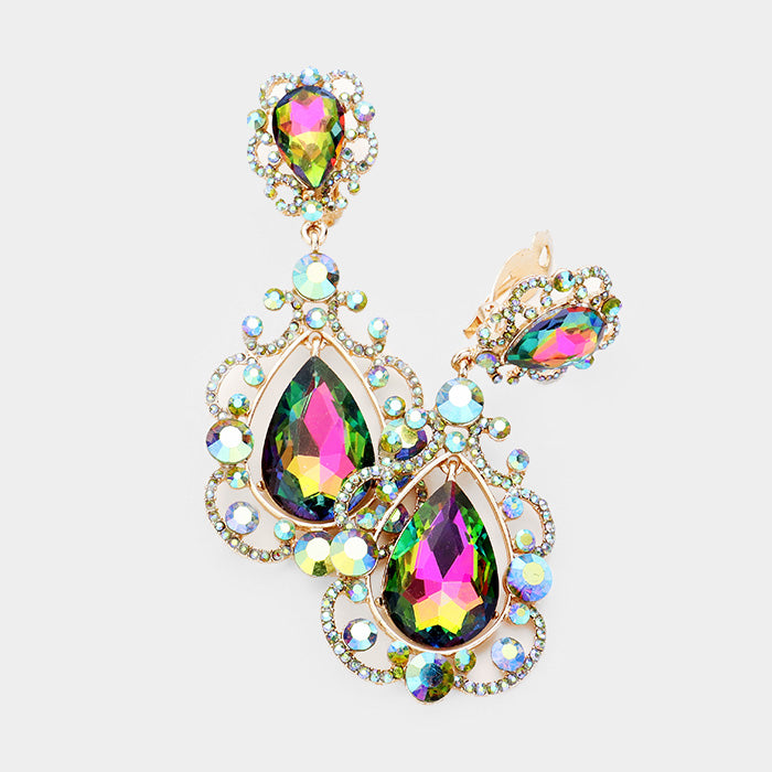 Elegant Multi Color Crystal Chandelier Clip On Pageant Prom Earrings | 415104