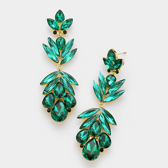 Emerald Green Crystal Earrings with Petal Shaped Features gold backed on a white background