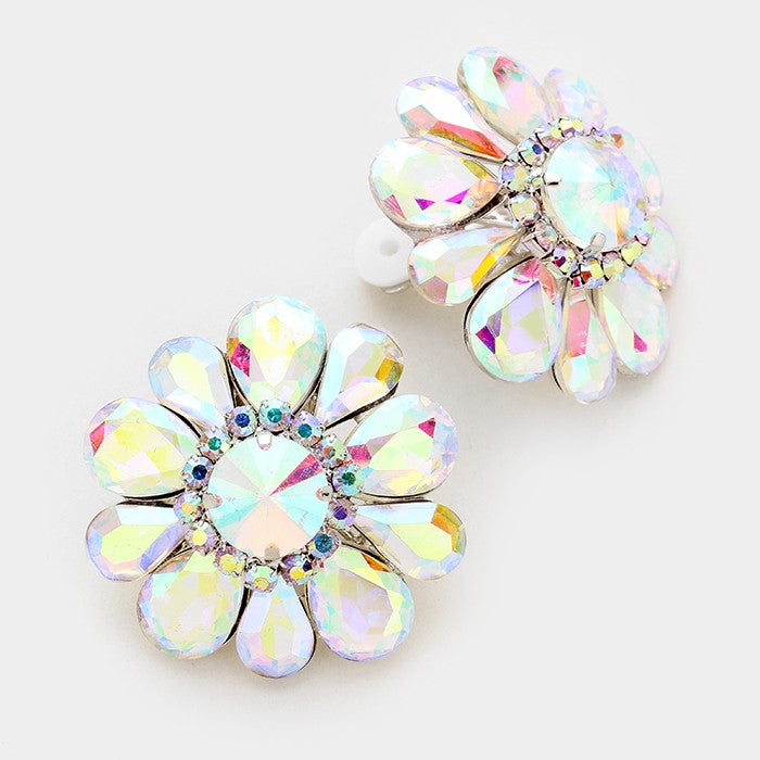 Large AB Crystal Flower Clip On Earrings on Silver | 330070