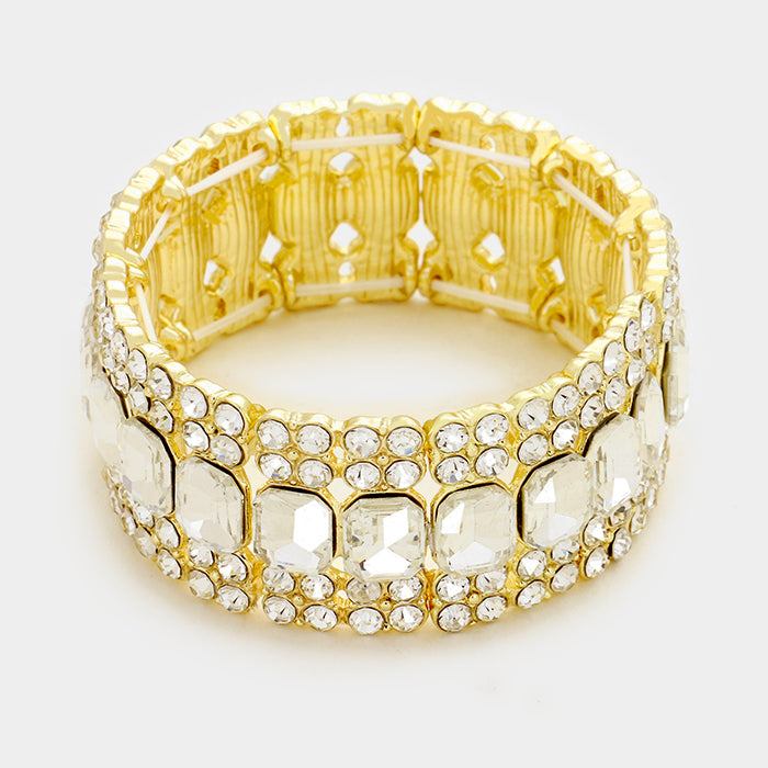 Crystal Emerald Cut Stretch Bracelet on Gold | 336936