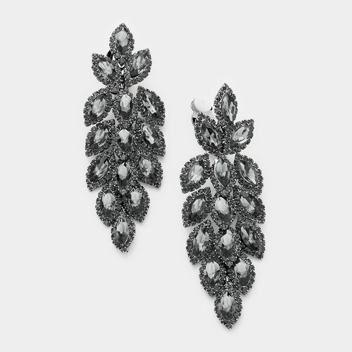 Large Black Diamond Crystal Leaf Clip On Earrings | 384201