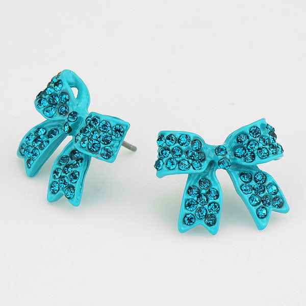 Teal Crystal Rhinestone Bow Stud Earrings | 175930