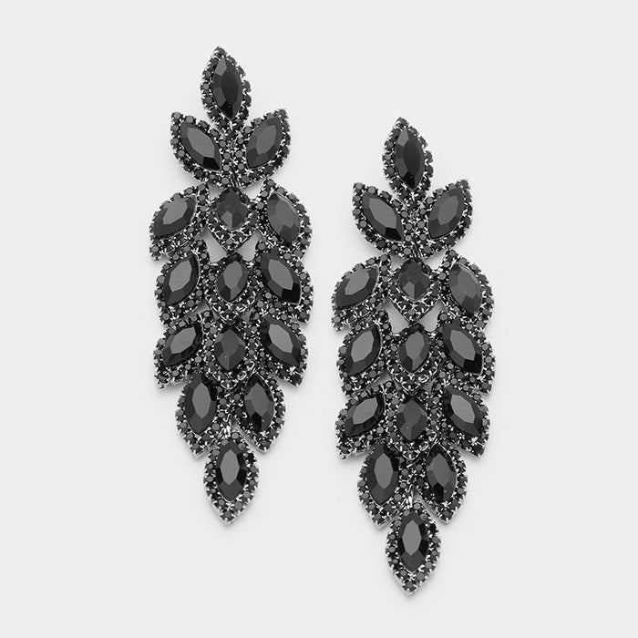 Long Jet Black Crystal Marquise Earrings on Hematite | 347045