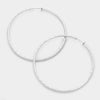 Large Clip On Silver Textured Hoop Earrings | 3.25" | 112356