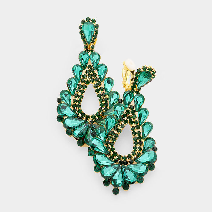 Cut Out Emerald Crystal Clip On Teardrop Chandelier Earrings | 418318