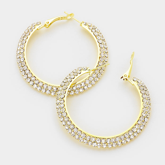Rhinestone Crystal 2 Row Hoops on Gold | 2" | 145977