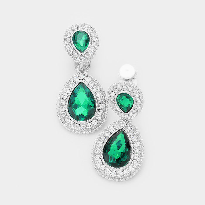 Little Girls Emerald Double Crystal Teardrop Clip On Earrings | 398731