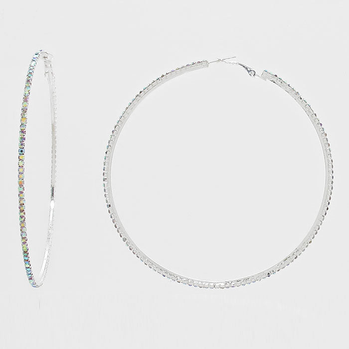 AB Rhinestone Hoop Earrings on Silver | 3 3/4" | 269235