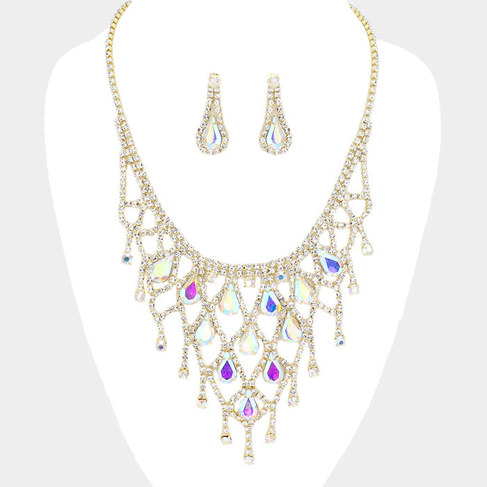 AB Crystal Rhinestone Teardrop Bib Necklace on Gold | 420991