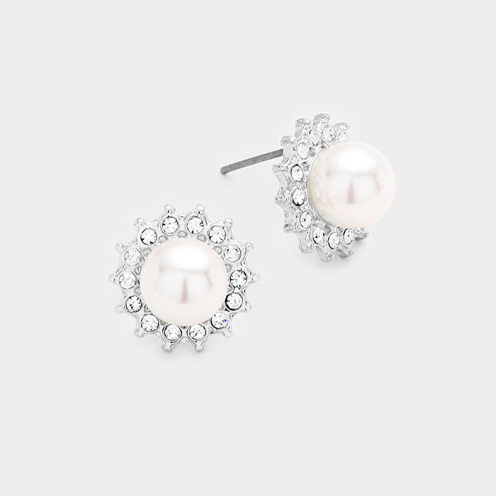 Rhinestone White Pearl Stud Earrings | 215713