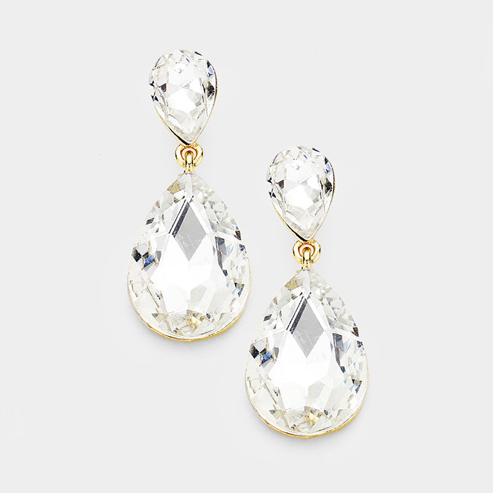 Little Girls Double Crystal Teardrop Evening Earrings on Gold | 389497