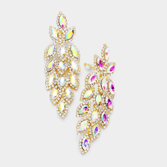 Large AB Crystal Leaf Clip On Earrings on Gold | 395662
