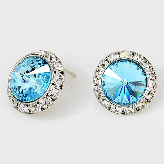 Austrian Aqua Crystal Round Stud Earrings | 7/8" | 122914