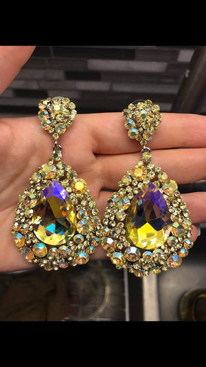 Large Yellow and AB Crystal Earrings on Silver |Yellow Pageant Earrings | H202-7