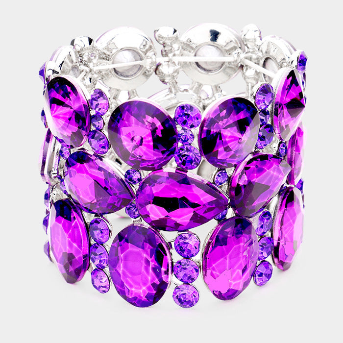 Wide Multi Shape Purple Crystal Stone Stretch Pageant Bracelet | 425186