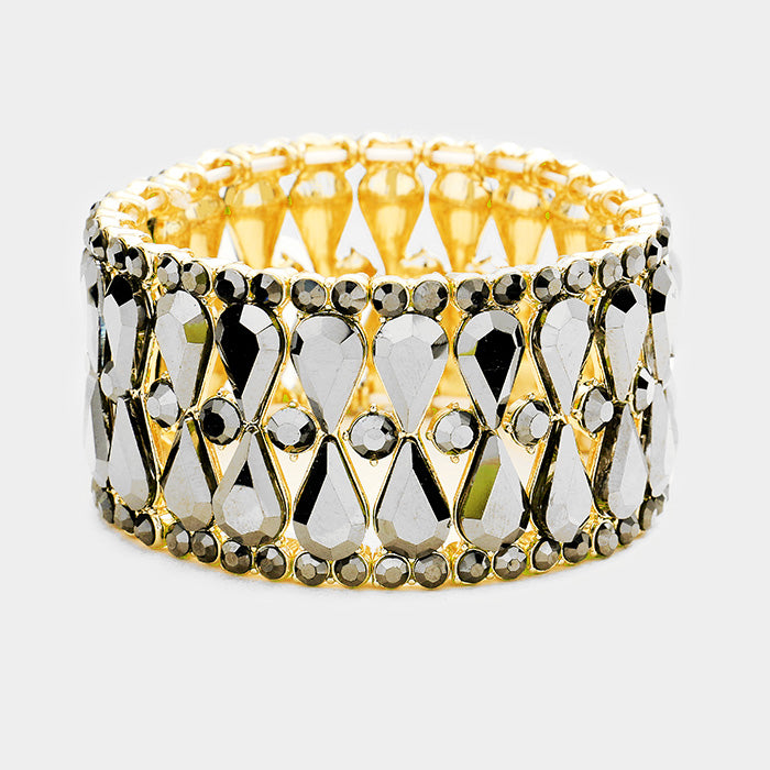 Hematite Crystal Teardrop Cluster Stretch Pageant Bracelet on Gold | 377550