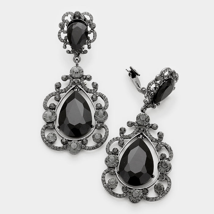 Elegant Black Crystal Chandelier Clip On Pageant Prom Earrings | 323889