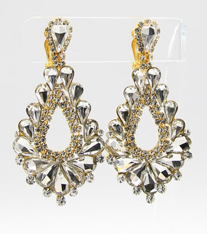 Cut Out Crystal Clip On Teardrop Chandelier Earrings on Gold | JE5EESE2141CLRGD