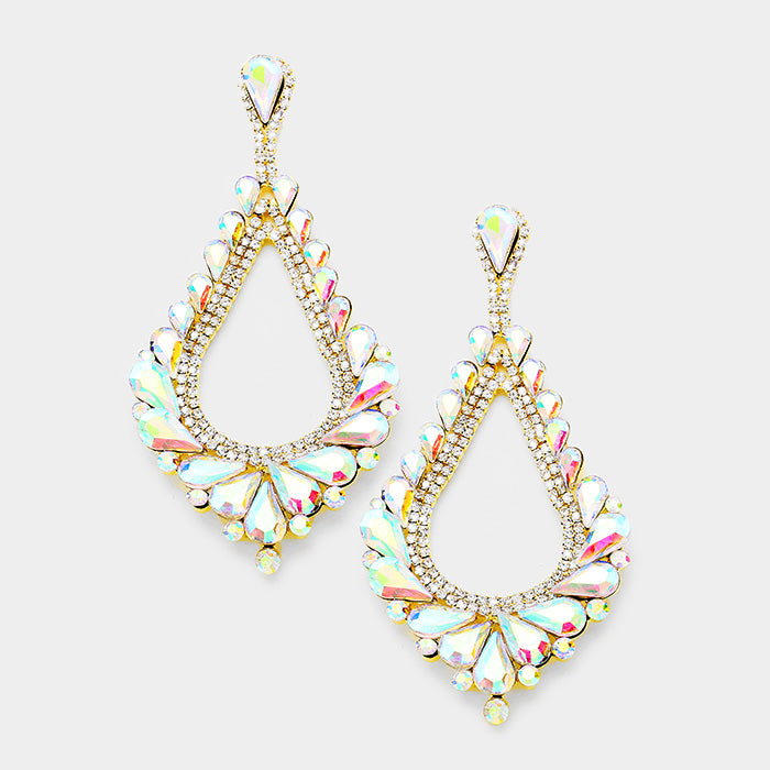 Oversized Cut Out AB Crystal Teardrop Earrings on Gold | 391149